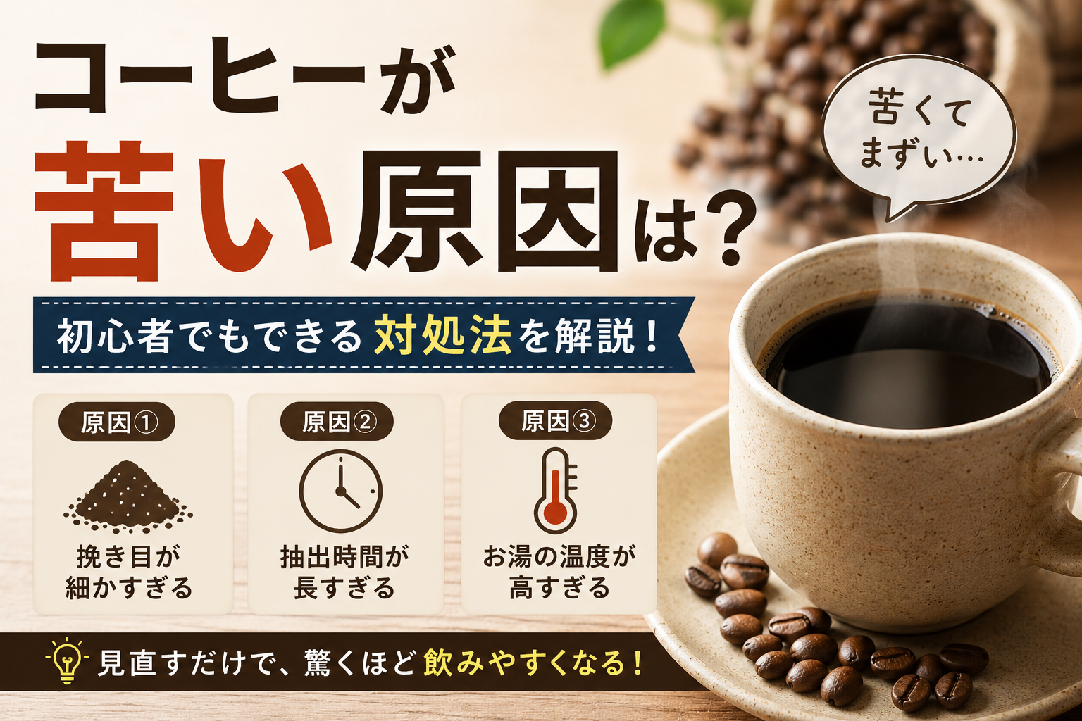 コーヒーが苦い原因と対処法を解説したアイキャッチ画像