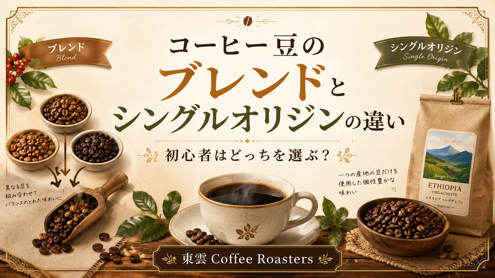 コーヒー豆のブレンドとシングルオリジンの違いを示す、コーヒー豆・コーヒーカップ・豆袋のアイキャッチ画像
