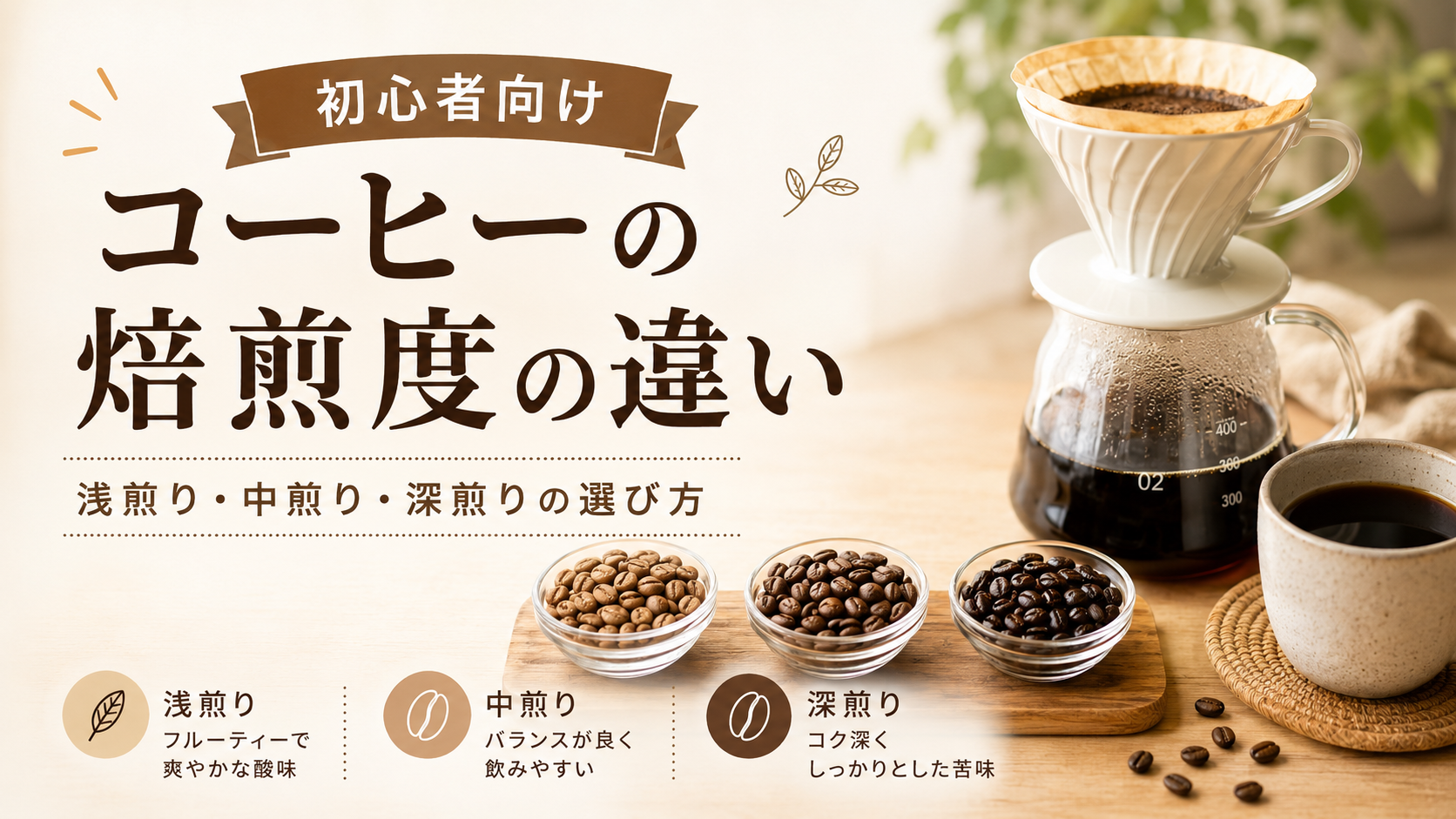 浅煎り・中煎り・深煎りの焙煎度の違いを解説するアイキャッチ。ドリッパーと焙煎度別のコーヒー豆